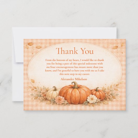 Rustic Gingham Pumpkin Fall Graduation Dankeskarte (Vorderseite)