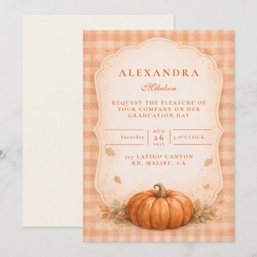 Rustic Gingham Pumpkin Fall Graduation Einladung (Vorne/Hinten)