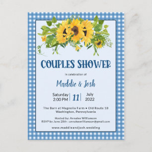 Rustic Gingham Sunflowers Couple Dusche Einladung Postkarte
