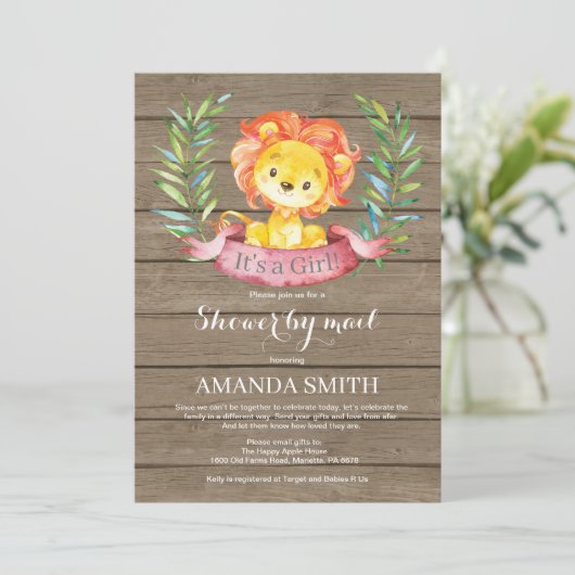 Rustic Girl Lion Baby Shower by Mail Einladung (Stehend Vorderseite)