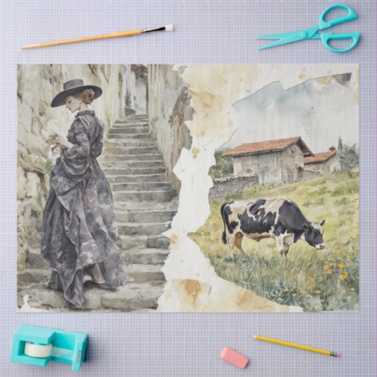 Rustic Girl on Stone Steps Cow Pasture Watercolor Seidenpapier (Basteln)