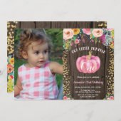 Rustic Girl Pumpkin Erster Geburtstag Blumengold Einladung (Vorne/Hinten)