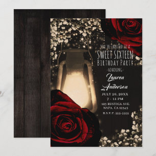 Rustic Glow Laterne & Dunkelrote Rosen Sweet 16 Einladung