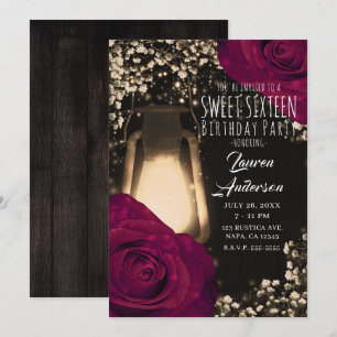Rustic Glow Laterne & Magenta Rosen Sweet 16 Einladung