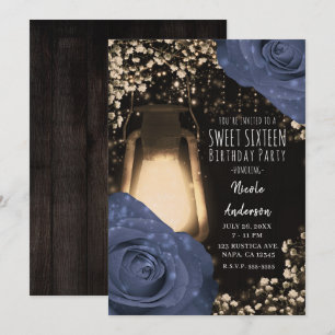 Rustic Glow Laterne & Steele Blaue Rosen Sweet 16 Einladung