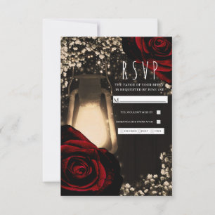 Rustic Glow Laterne und dunkelrote Rosen Hochzeits RSVP Karte