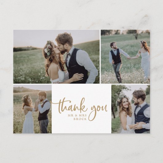 Rustic Gold 4 Foto Collage Wedding Vielen Dank Postkarte (Vorderseite)