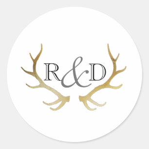 Rustic Gold Antler   Elegante erste Hochzeit Runder Aufkleber