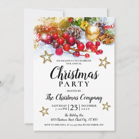 Rustic Gold Baubles Holries Weihnachtsfest Party Einladung (Vorderseite)
