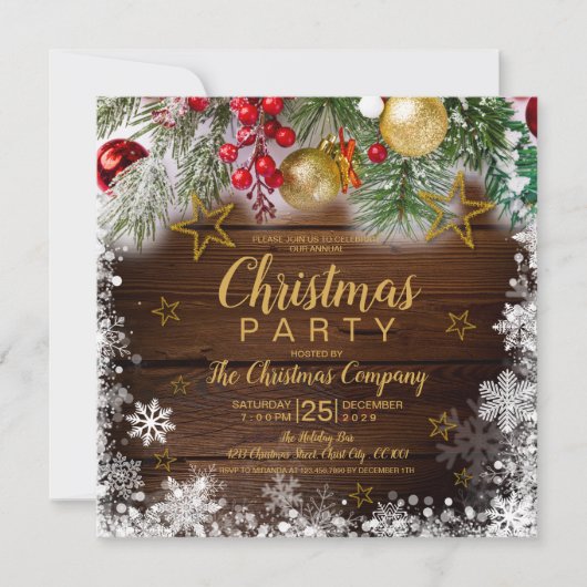 Rustic Gold Baubles Holries Weihnachtsfest Party Einladung (Vorderseite)