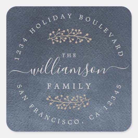 Rustic Gold Berries Sprig Dark Blue Christmas Quadratischer Aufkleber (Vorderseite)