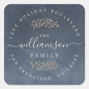 Rustic Gold Berries Sprig Dark Blue Christmas Quadratischer Aufkleber