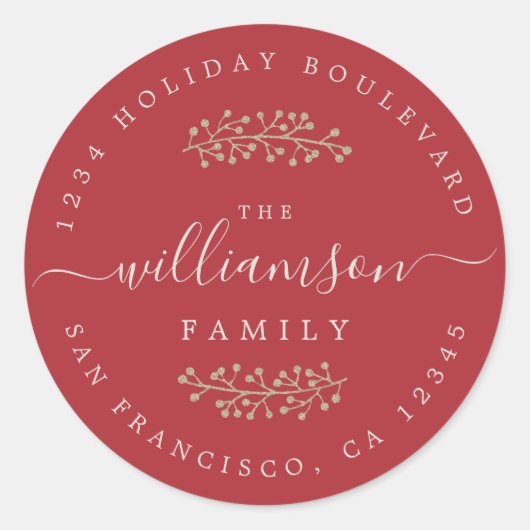 Rustic Gold Berries Sprig Red Christmas Runder Aufkleber (Vorderseite)