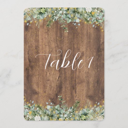 Rustic Gold Eucalyptus & White Floral Table Number Einladung (Vorderseite)