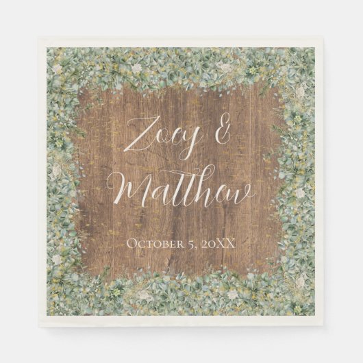 Rustic Gold Eucalyptus & White Floral Wedding Serviette (Vorderseite)