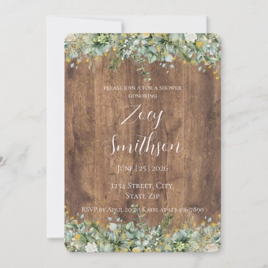 Rustic Gold Eucalyptus & White Floral Wood Bridal Einladung (Vorderseite)