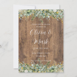 Rustic Gold Eucalyptus & White Floral Wood Wedding Einladung