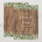 Rustic Gold Eucalyptus & White Floral Wood Wedding Einladung (Vorne/Hinten)
