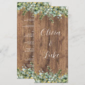Rustic Gold Eucalyptus & White Floral Wood Wedding Menükarte (Vorne/Hinten)