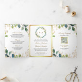 Rustic Gold Eucalyptus Wreath QR Code Wedding Dreifach Gefaltete Einladung (Innenseite)
