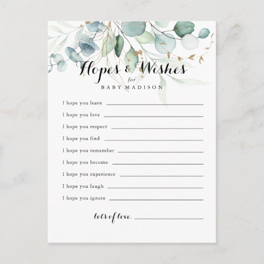 Rustic Gold Floral Baby Shower Hopwers & Wish Card Postkarte (Vorderseite)