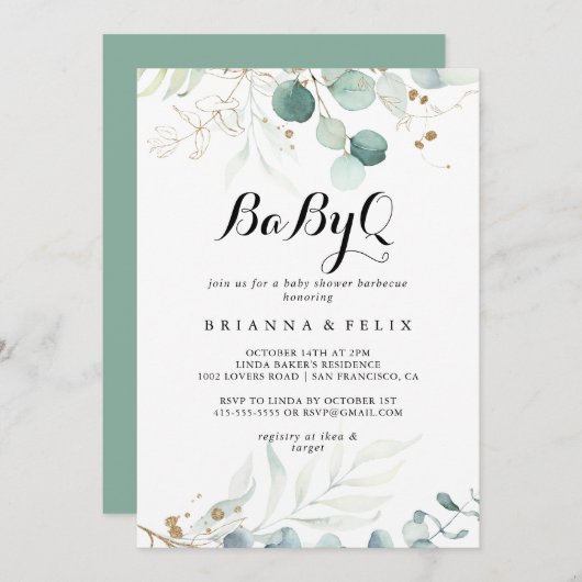 Rustic Gold Floral BabyQ Baby Duschgrill Einladung (Vorne/Hinten)