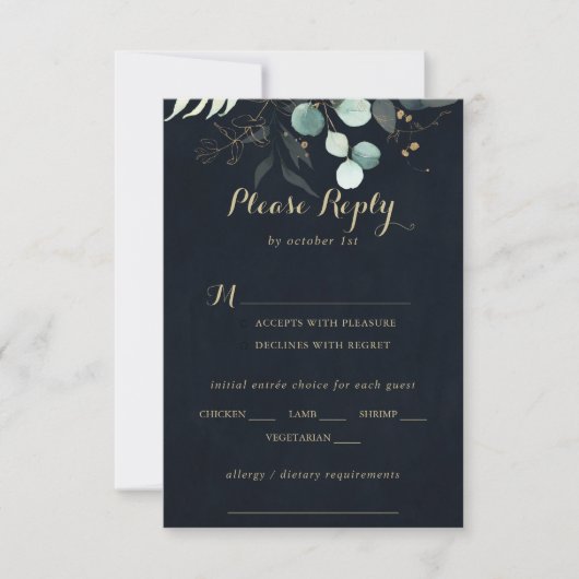 Rustic Gold Floral Wedding Blue Menü UAWG RSVP Karte (Vorderseite)