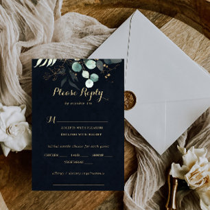 Rustic Gold Floral Wedding Blue Menü UAWG RSVP Karte