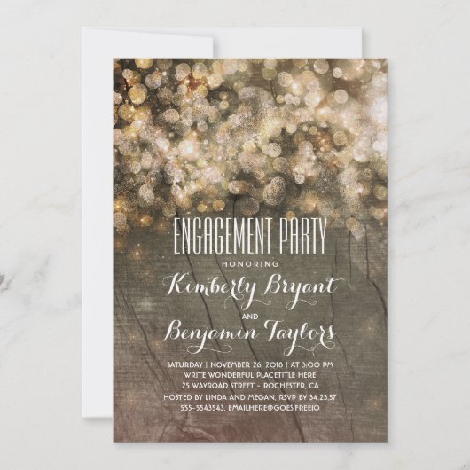 Rustic Gold Glitzer Lights Wood Engagement Party (Vorderseite)