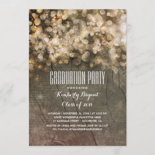 Rustic Gold Glitzer Lights Wood Graduation Party Einladung