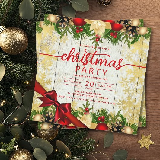 Rustic Gold Holly Berries & Baubles Company Xmas Einladung