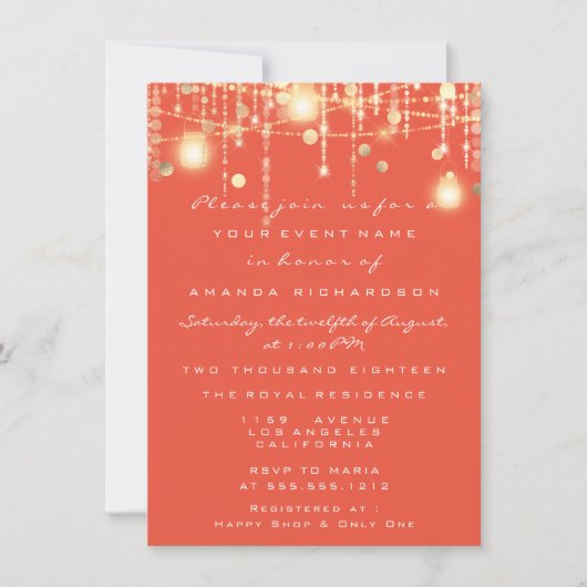Rustic Gold Lights Jar Coral Rose Hochzeit Einladung (Vorderseite)