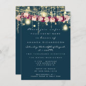 Rustic Gold Lights Jar Navy Rose Hochzeit Einladung (Vorne/Hinten)