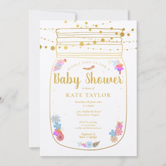 Rustic Gold Mason Jar String Lights Baby Dusche Einladung (Vorderseite)