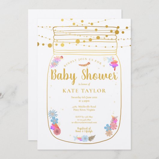 Rustic Gold Mason Jar String Lights Baby Dusche Einladung (Vorne/Hinten)