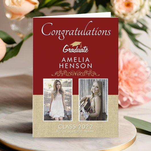 Rustic Gold Red Graduate 2 Foto Abschluss Karte