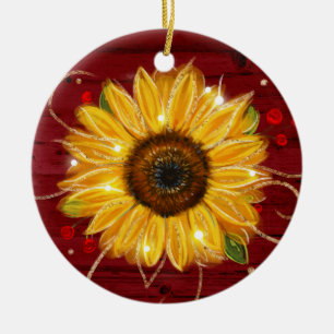 Rustic Gold Red Wood Name Sunflower Weihnachten Keramik Ornament