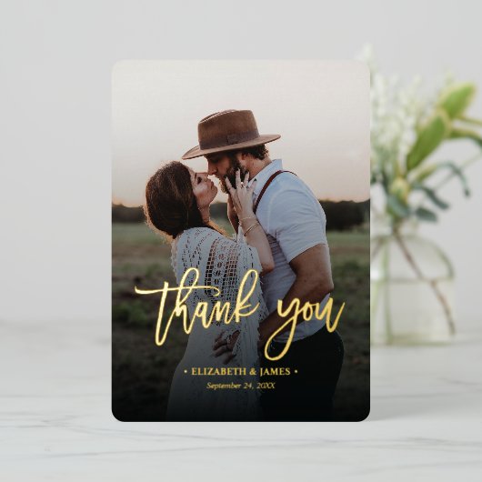 Rustic Gold Script Foto Vielen Dank für Ihre Hochz Folieneinladung (Stehend vorne)