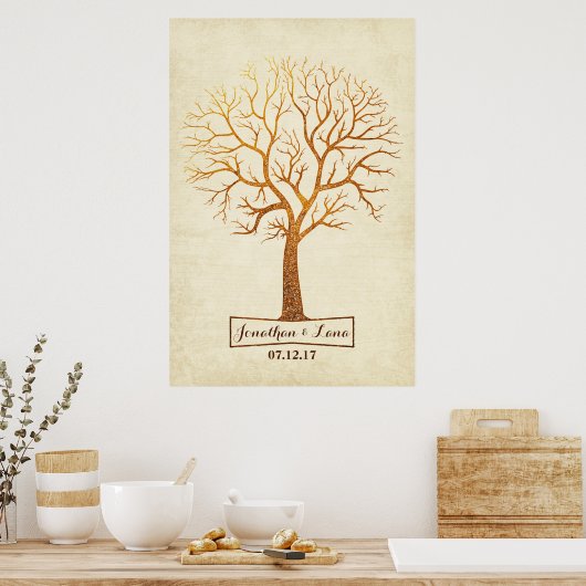 Rustic Gold Tree Thumbprint Wedding Guestbook Poster (Küche)