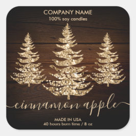 Rustic Gold Wood Christmas Tree Candle Label Quadratischer Aufkleber
