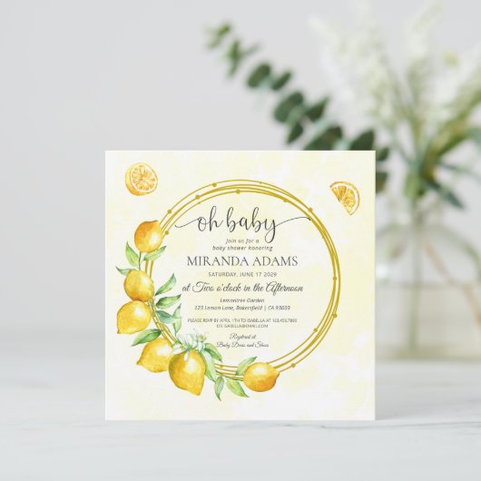 Rustic Gold Wreath Lemon Summer Boho Baby Dusche Einladung (Stehend Vorderseite)