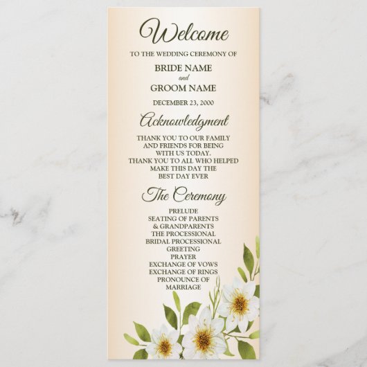 Rustic Golden Frame White Floral Peach Wedding Programm (Vorderseite)