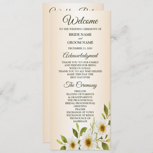 Rustic Golden Frame White Floral Peach Wedding Programm (Vorne/Hinten)