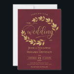 Rustic Golden Leaves Elegant Burgundy Wedding Einladung<br><div class="desc">These beautiful wedding invitation features a rustic design with sprigs of golden watercolor leaves and modern script lettering on a marbled burgundy background. Sophisticated,  classy,  and chic,  these invites will add style and grace to your wedding celebration. Perfect for a fall or autumn ceremony.</div>