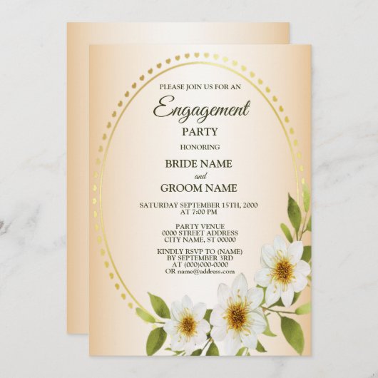 Rustic Golden White Floral Peach Engagement Party Einladung (Vorne/Hinten)