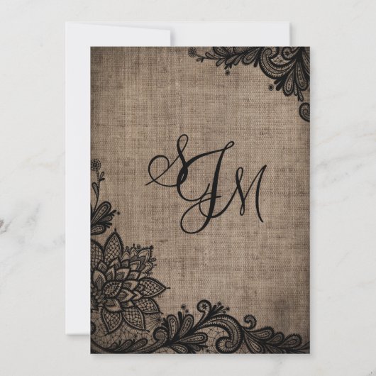 Rustic Goth Black Lace Burlap Wedding Einladung (Rückseite)