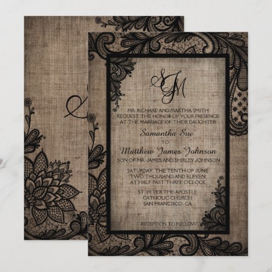 Rustic Goth Black Lace Burlap Wedding Einladung (Vorne/Hinten)