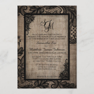 Rustic Goth Black Lace Burlap Wedding Einladung