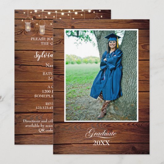 Rustic Graduation Party Invitation string lights Einladung (Vorne/Hinten)