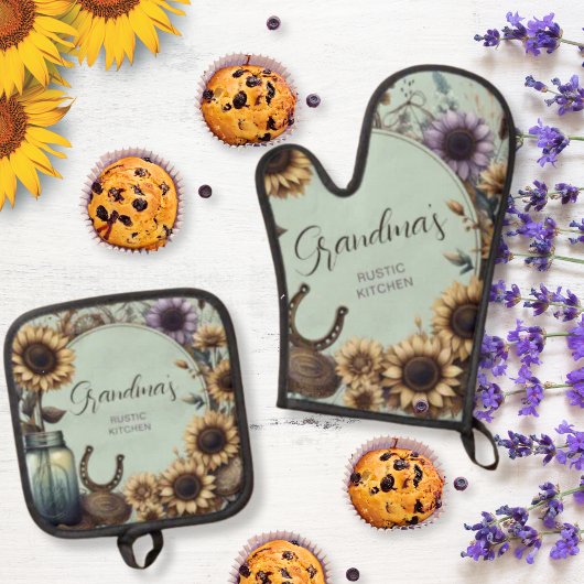Rustic Grandma's Kitchen Sunflowers Ofenhandschuh & Topflappen-Set